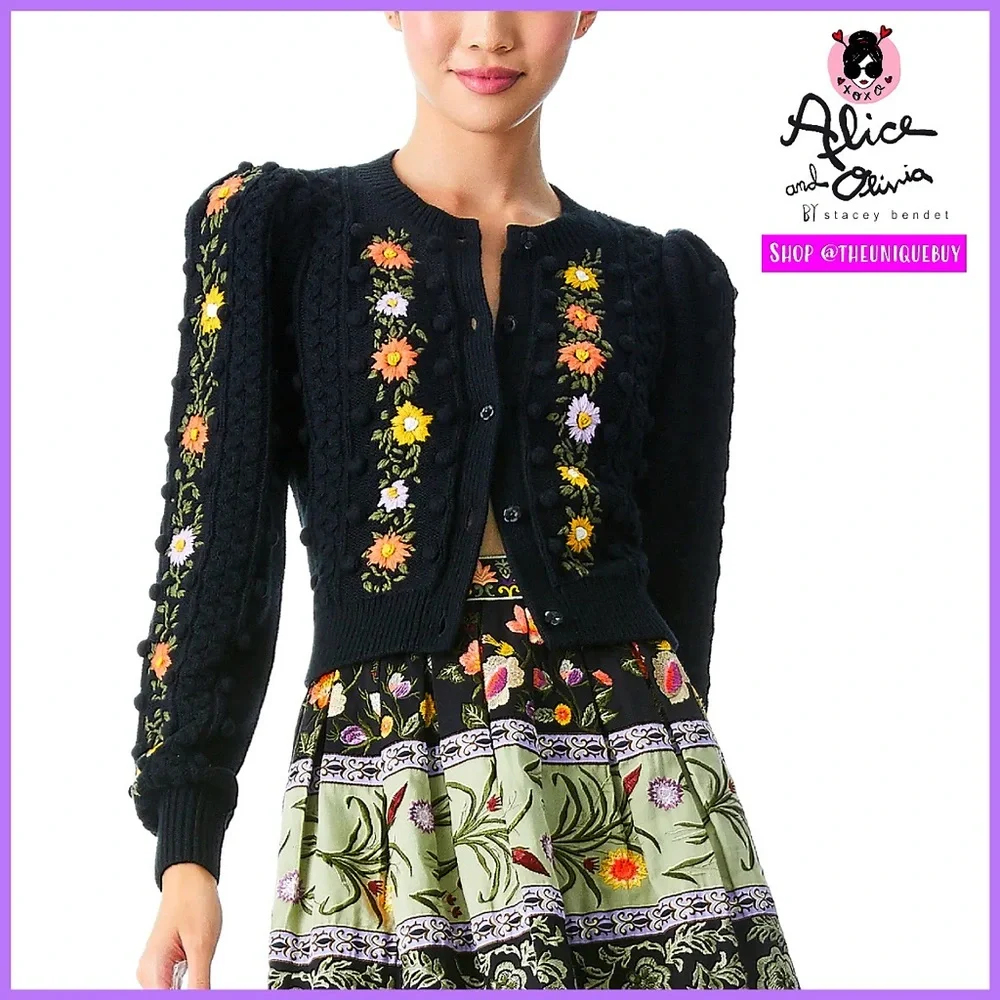 Alice + Olivia Kitty Floral Puff Sleeve Wool Blend Black Cardigan Sweater - Picture 1 of 16